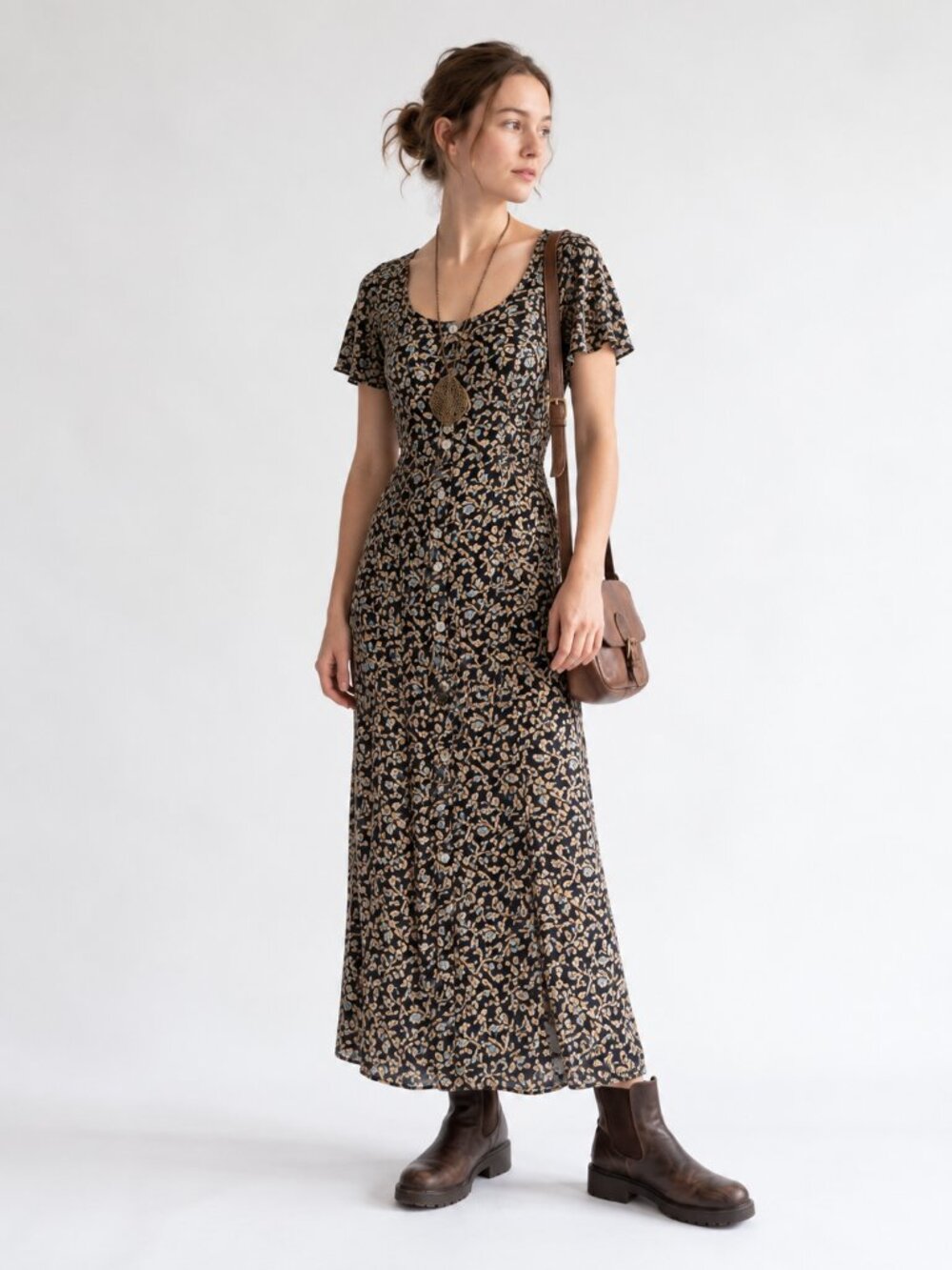 Vintage Wet Seal 90s Floral Lace Up Button Front Maxi Dress M L